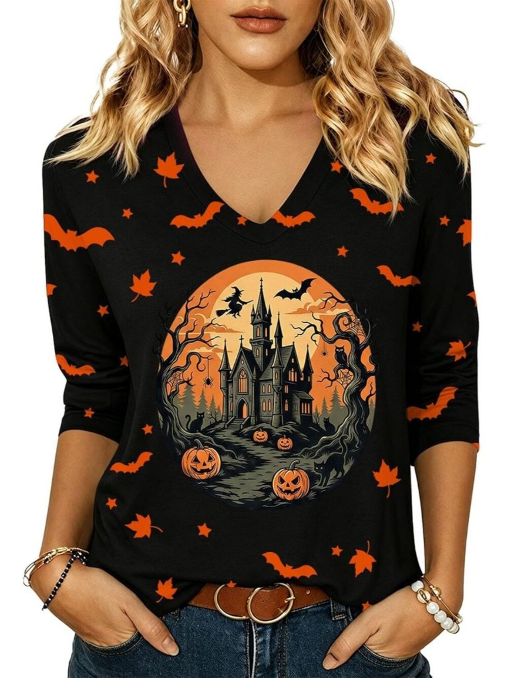 Women's Black-Digital Printing V Neck 3/4 Sleeve Ghost Pumpkin Halloween Tee Top